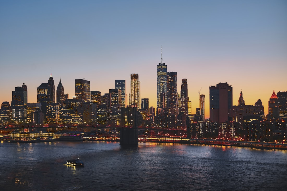 Hoboken, NJ waterfront with the Manhattan skyline at dusk